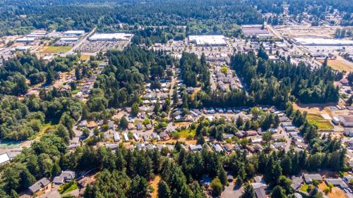 An aerial view of a town surrounded by trees.